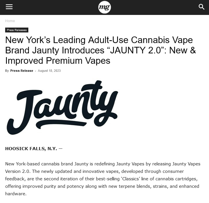 New York’s Leading Adult-Use Cannabis Vape Brand Jaunty Introduces “JAUNTY 2.0”: New & Improved Premium Vapes